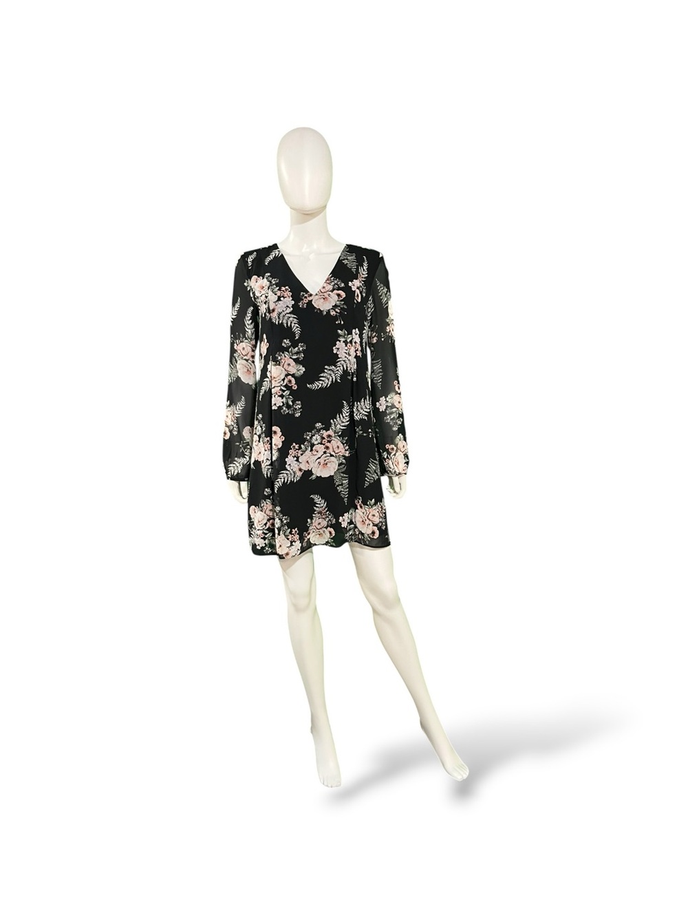 BCBGeneration Black Floral V-Neck Long Sleeve Dress, Small